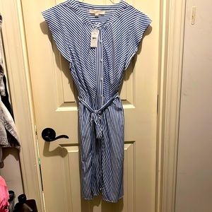 NWT Loft blue and white striped ruffle sleeve dress with tie.